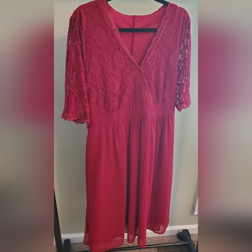 Nemidor half sleeve V neckline lace top wine red party dress